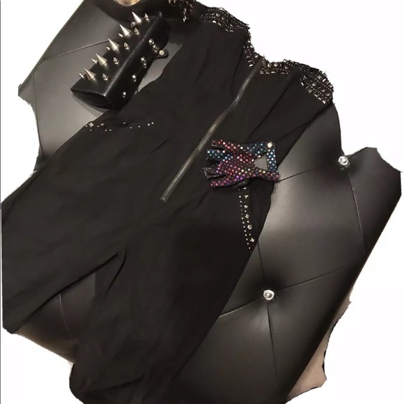 Black studded jumpsuit/zipper front - Picture 4 of 8